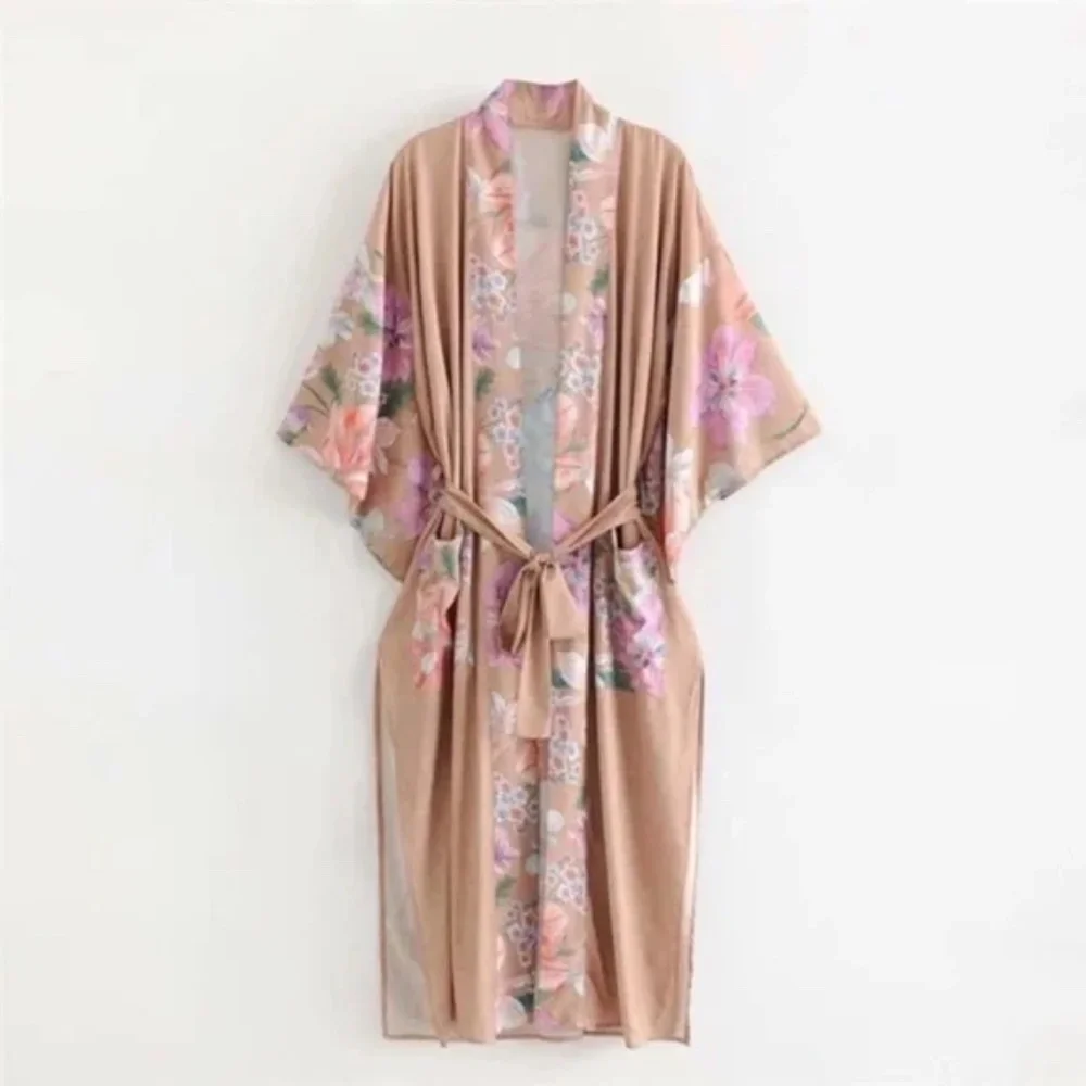 SOLD OUT Gypsy Bohemian Tan Floral Peacock Open Kimono Robe - Picture 6 of 12